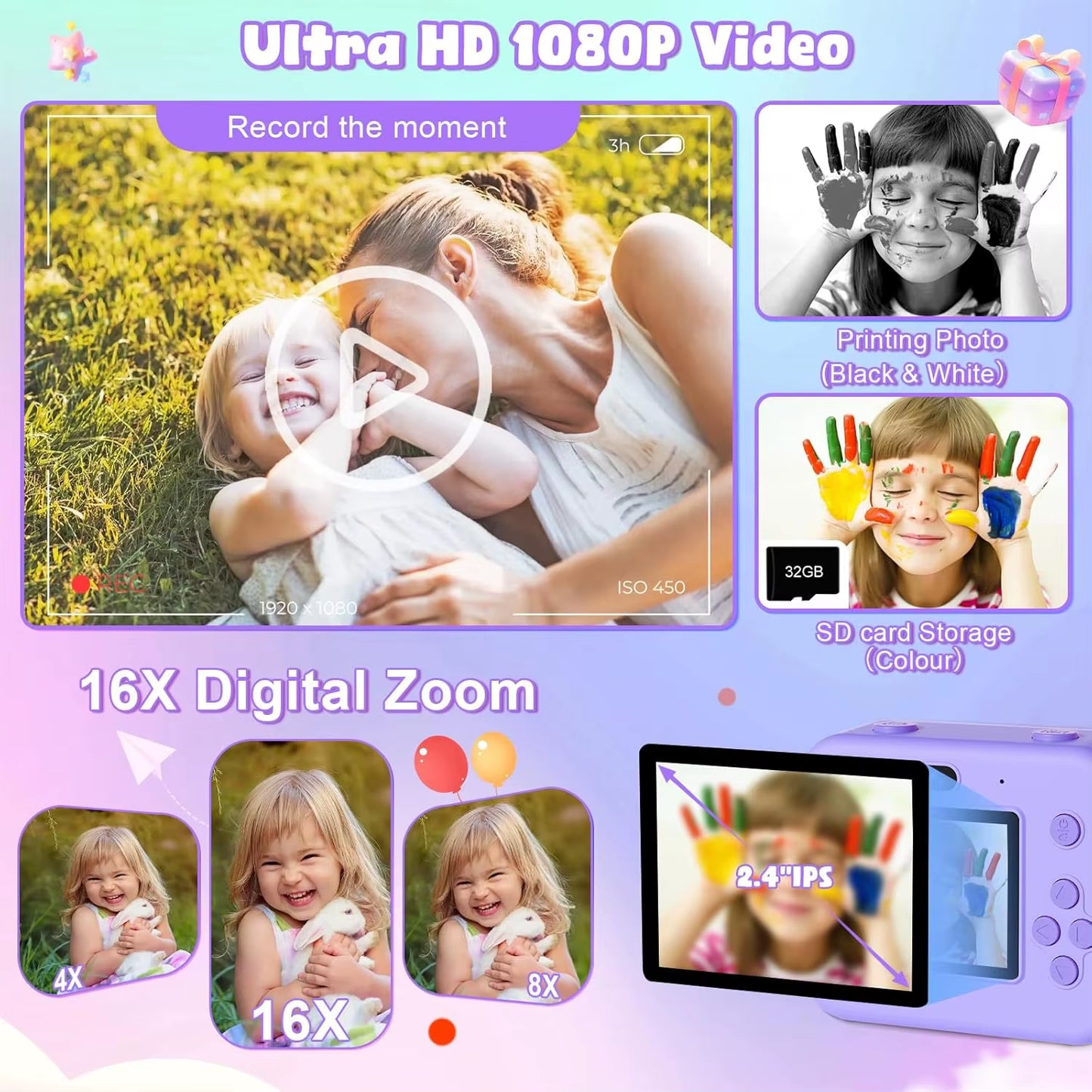 Kids Camera Instant Print Toddler Cameras Thermal Printing Camera Birthday Gifts Toys for Boy Girl Age 3-12 with MP3 Video Game