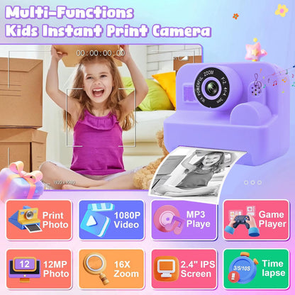 Kids Camera Instant Print Toddler Cameras Thermal Printing Camera Birthday Gifts Toys for Boy Girl Age 3-12 with MP3 Video Game