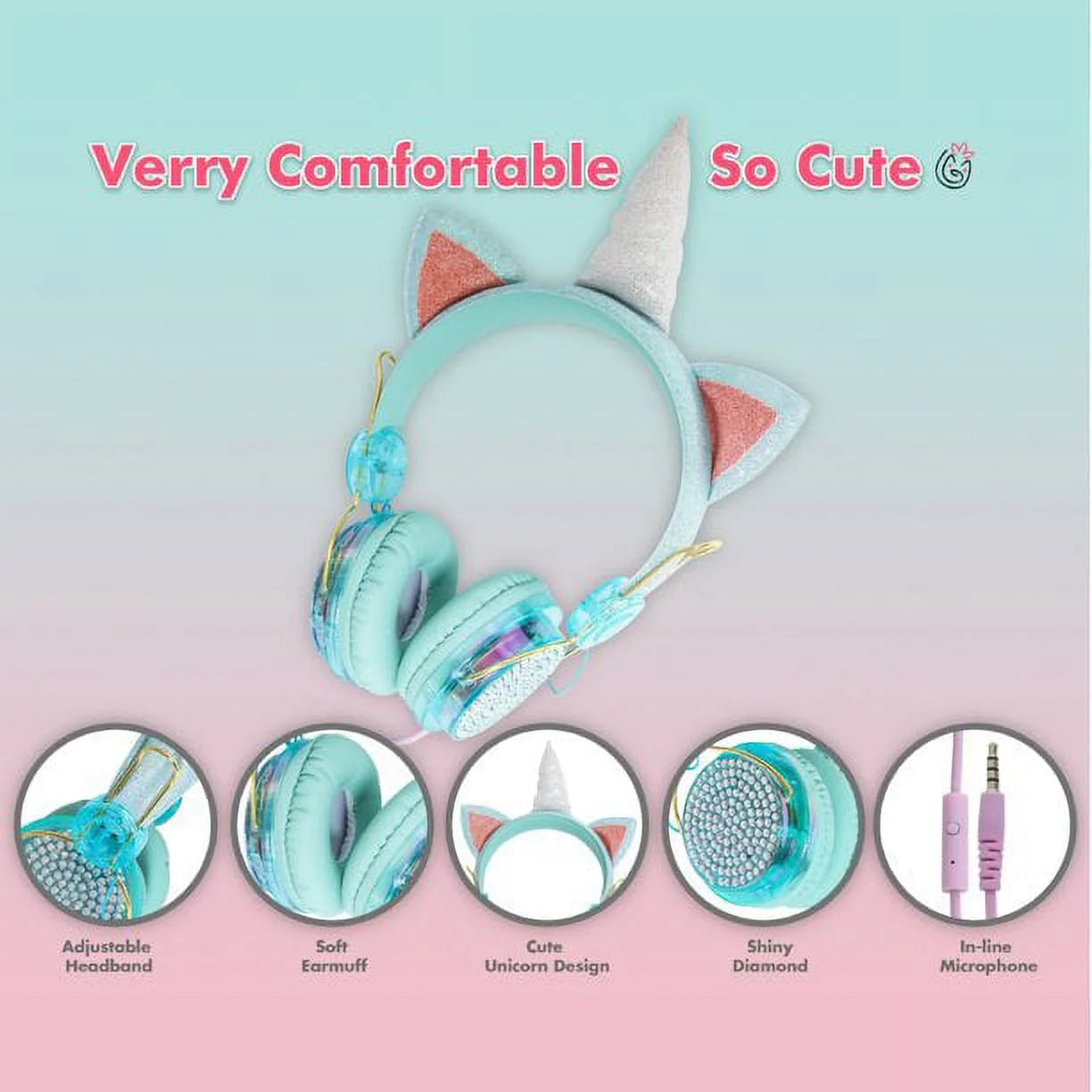 Unicorn Headphones – Wired Headphones for Kids with Microphone – Cute Glittery Unicorn Headphones for Girls – over the Ear Headphones with 3.5Mm Jack – Ideal for Home, School, Birthday- Green