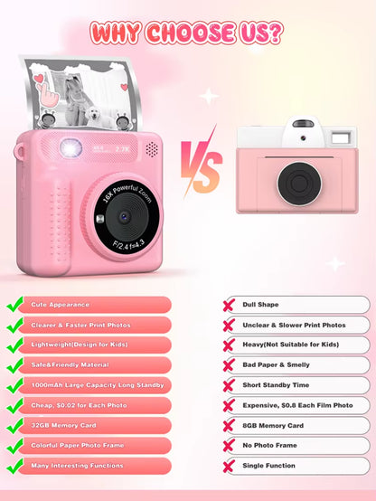 Kids Camera Instant Print 12MP 1080P Digital Camera Toddler HD Video Camera Print Photo Portable Toy Age 3+ Girl Christmas Gift