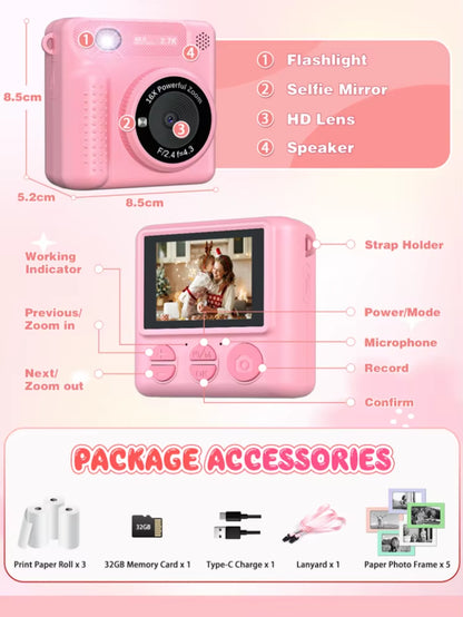Kids Camera Instant Print 12MP 1080P Digital Camera Toddler HD Video Camera Print Photo Portable Toy Age 3+ Girl Christmas Gift
